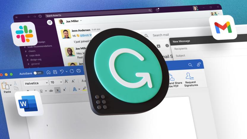Grammarly company graphic: The Grammarly logo floats above Microsoft Word, Gmail and Slack windows (with app icons hovering above).