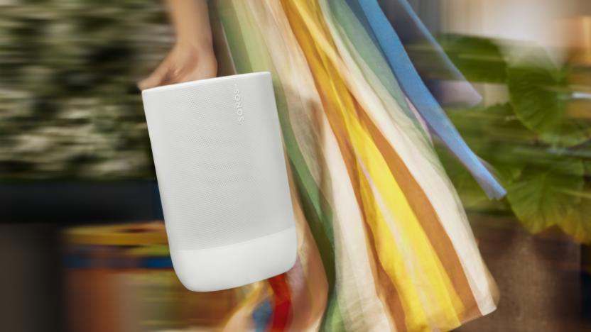 The Sonos Move 2 speaker being carried by a person in a colorful dress.