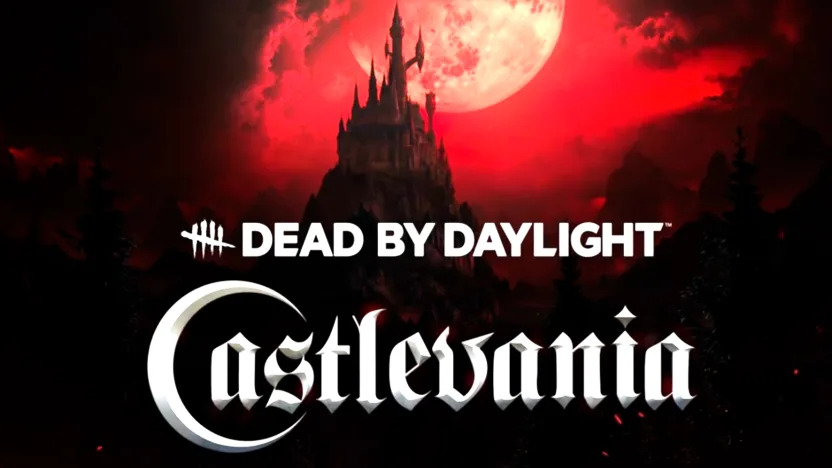 A distant gothic castle is in shadow against a full moon and blood red sky. The Dead by Daylight and Castlevania logos are superimposed.