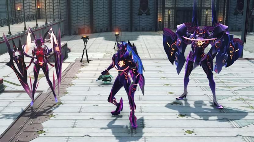 Three characters Xenoblade Chronocles 3 stand in formation, with one slightly in front of the other two. They appear to be in a castle courtyard.