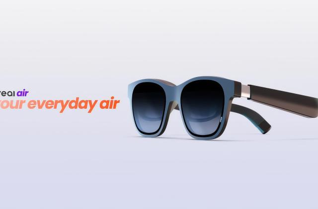 Marketing image for Nreal Air augmented reality glasses. On the right, we see the glasses. On the left, the text: "Nreal Air: Your everyday air."