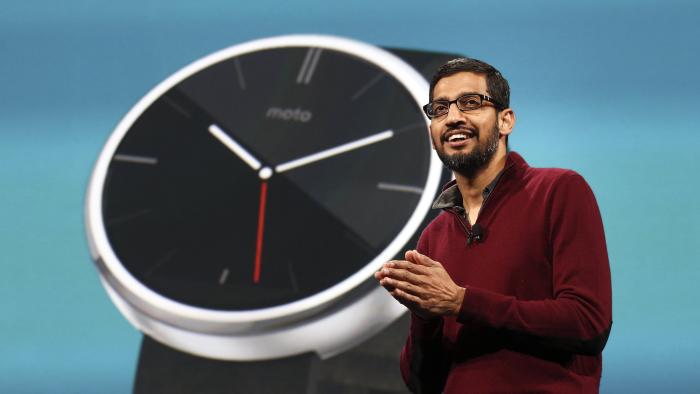 Sundar Pichai, Google's senior vice president of Android, Chrome and Apps, speaks during his keynote address at the Google I/O developers conference in San Francisco June 25, 2014.  REUTERS/Elijah Nouvelage   (UNITED STATES - Tags: BUSINESS SCIENCE TECHNOLOGY)