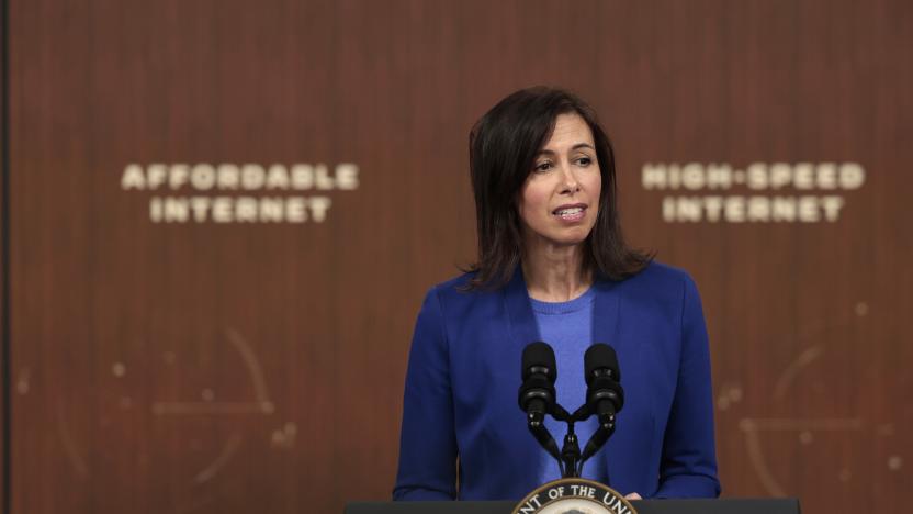 WASHINGTON, DC - FEBRUARY 14: Federal Communications Commission Chairwoman Jessica Rosenworcel delivers remarks on the Biden administration’s Affordable Connectivity Program at the South Court Auditorium at Eisenhower Executive Office Building on February 14, 2022 in Washington, DC. During the event U.S. Vice President Kamala Harris announced that 10 million households had enrolled in the program which helps families access high-speed, affordable internet. (Photo by Anna Moneymaker/Getty Images)