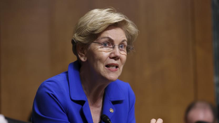 WASHINGTON, DC - JUNE 08: Senator Elizabeth Warren (D-MA) speaks during a Senate Finance Committee hearing June 8, 2021 on Capitol Hill in Washington, D.C. The committee is hearing testimony on the IRS budget request for 2022. (Photo by Evelyn Hockstein-Pool/Getty Images)