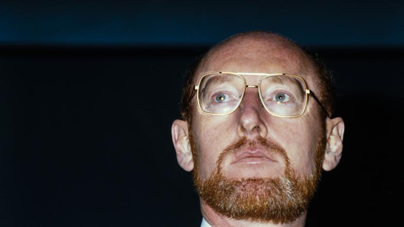 LONDON - JANUARY 10: Sir Clive Sinclair launches his new electric vehicle the Sinclair C5, at Alexandra Palace, London on January 10, 1985. (Photo by David Levenson/Getty Images)