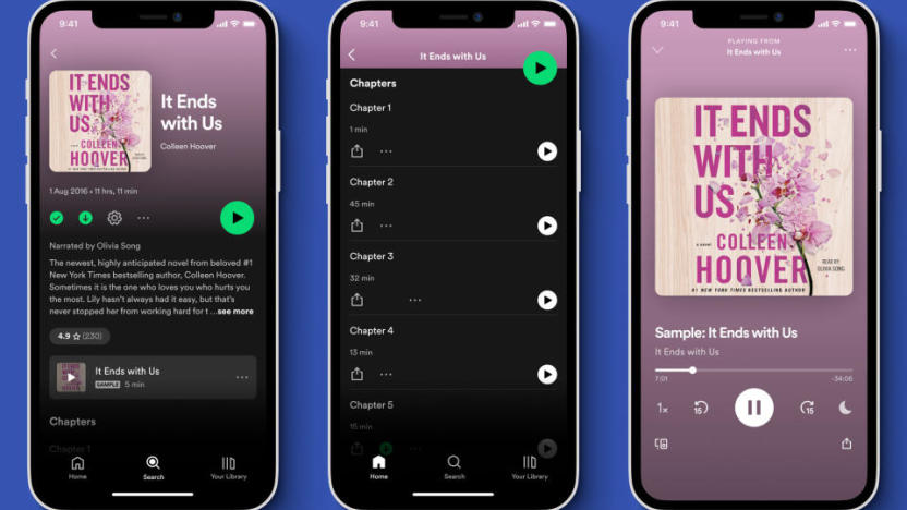 Screenshots of Spotify's audiobook offering.
