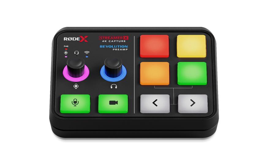 Rode Streamer X audio interface features a set of four customizable buttons and inputs for capturing video. 