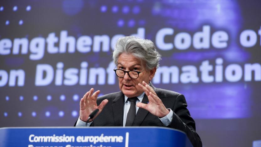 EU commissioner for internal market Thierry Breton gives a press conference on the Strengthened Code of Practice on Disinformation at the EU headquarters in Brussels on June 16, 2022. (Photo by Kenzo TRIBOUILLARD / AFP) (Photo by KENZO TRIBOUILLARD/AFP via Getty Images)