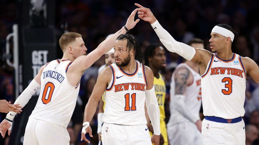 Getty Images - NEW YORK, NEW YORK - MAY 06: Donte DiVincenzo #0, Jalen Brunson #11, and Josh Hart #3 of the New York Knicks react against the Indiana Pacers during Game One of the Eastern Conference Second Round Playoffs at Madison Square Garden on May 06, 2024 in New York City. NOTE TO USER: User expressly acknowledges and agrees that, by downloading and or using this photograph, User is consenting to the terms and conditions of the Getty Images License Agreement.  (Photo by Sarah Stier/Getty Images)