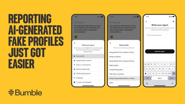 Screenshots of how Bumble users can report AI-generated images and videos