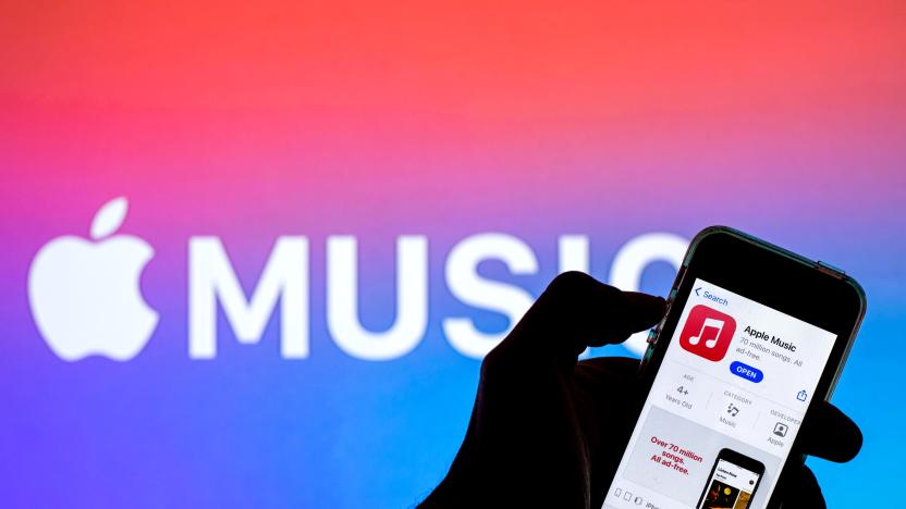 SPAIN - 2021/04/12: In this photo illustration an Apple Music app in App Store seen displayed on a smartphone with the Apple Music logo in the background. (Photo Illustration by Thiago Prudencio/SOPA Images/LightRocket via Getty Images)