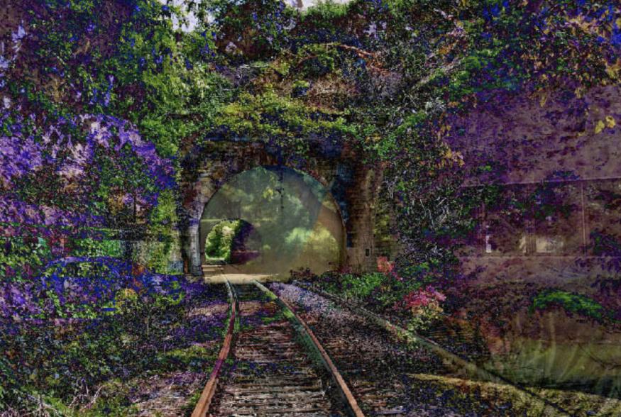 AI artwork entitled "A Recent Entrance to Paradise" which depicts a verdant train-track and tunnel entrance, overgrown with lilac and green foliage.