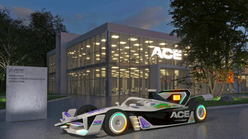 A Formula E Ace Championship race car (rendering) is parked outside of a corporate office at dusk with the sign ACE above the doorway.