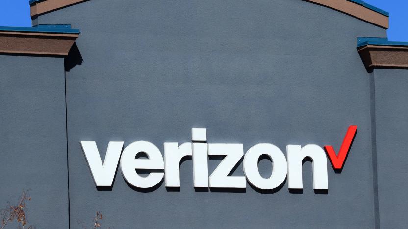 Close up of Verizon business logo on outside wall, northern Idaho. (Photo by: Don & Melinda Crawford/Education Images/Universal Images Group via Getty Images)