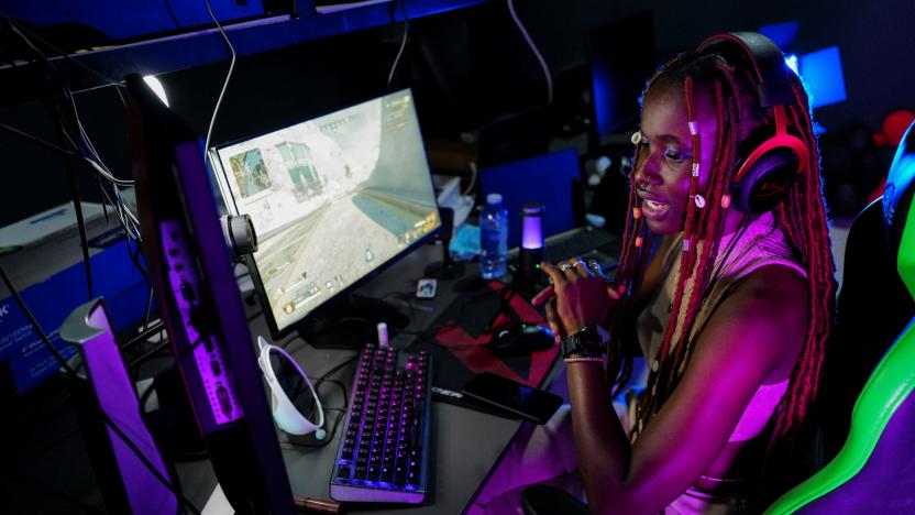 Ritalucia Ajuah Henry-Andoh, 22, aka Lady Legasus, a shoutcaster and streamer, commentates via a Twitch app channel during an online gaming tournament, in Accra, Ghana, August 21, 2022. REUTERS/Francis Kokoroko