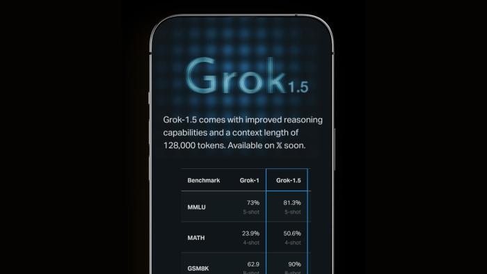 A render of a phone with a screen that shows Grok's logo and stats.