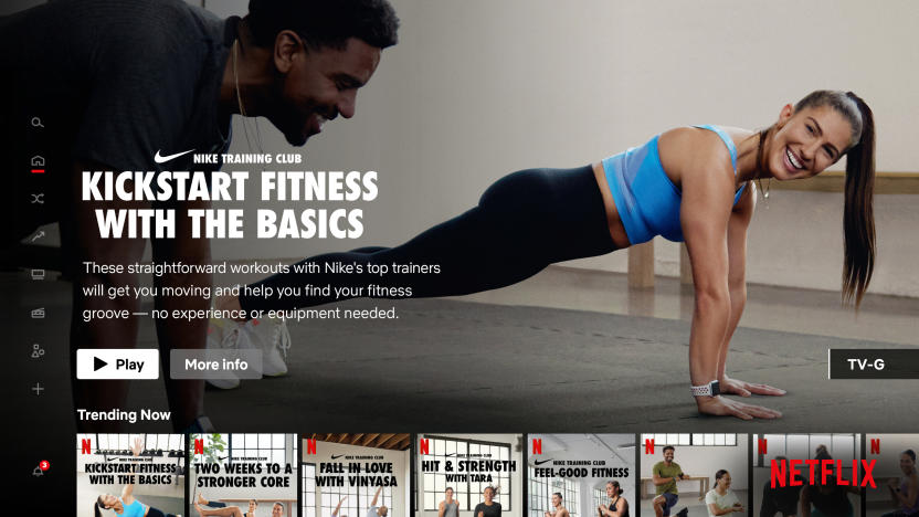 Screenshot of Nike Training Club videos on Netflix, including the banner video, "Kickstart Fitness with the Basics."