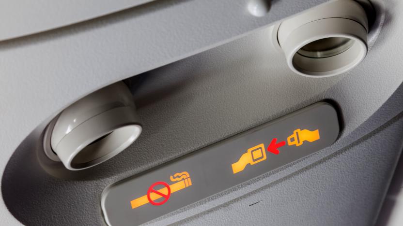 Aeroplane Fasten Seatbelt Sign (Photo by: Dukas/Universal Images Group via Getty Images)