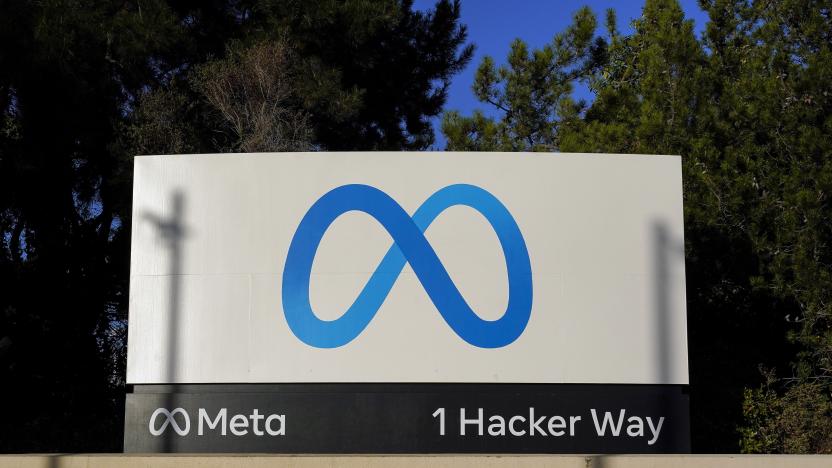 FILE - Meta's logo is seen on a sign at the company's headquarters in Menlo Park, Calif., Nov. 9, 2022. Attorneys for Meta and Mark Zuckerberg asked a Delaware judge on Wednesday, Dec. 20, 2023 to dismiss a shareholder lawsuit asserting novel claims about the roles of corporate leaders and arguing that the loyalties of Meta directors should not lie exclusively with the social media giant. (AP Photo/Godofredo A. Vásquez, File)