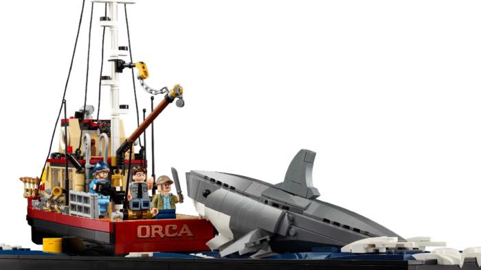 The Lego Jaws set assembled, showing the boat, shark and minifigures