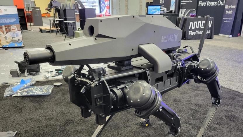 Ghost Robotics' Q-UGV robot dog with a gun module attached