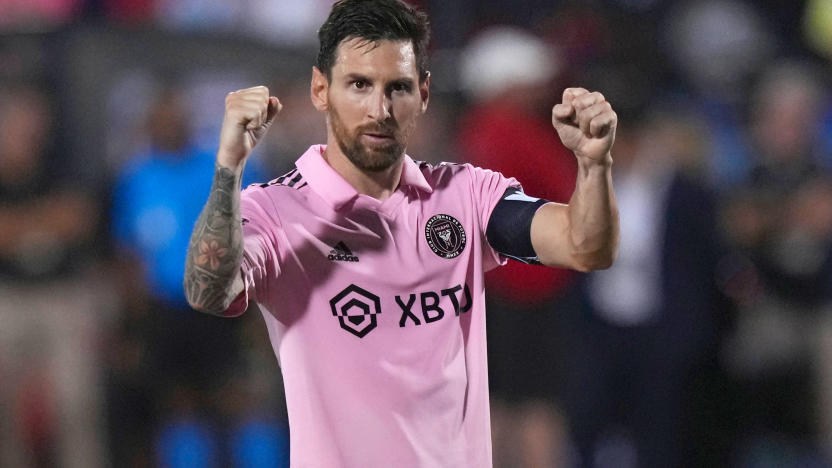 Inter Miami forward Lionel Messi celebrates a score during penalty kicks in the team's Leagues Cup soccer match against FC Dallas on Sunday, Aug. 6, 2023, in Frisco, Texas. 