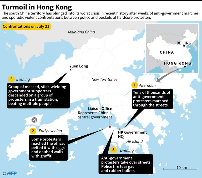 Map showing protest sites and scenes of politically related clashes in Hong Kong on July 21 (AFP Photo/John SAEKI)