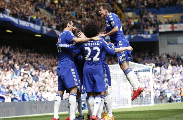 Football - Chelsea v Crystal Palace - Barclays Premier League - Stamford Bridge - 3/5/15
Eden Hazard celebrates with team mates after scoring the first goal for Chelsea 
Action Images via Reuters / Carl Recine
Livepic
EDITORIAL USE ONLY. No use with unauthorized audio, video, data, fixture lists, club/league logos or "live" services. Online in-match use limited to 45 images, no video emulation. No use in betting, games or single club/league/player publications.  Please contact your account representative for further details.