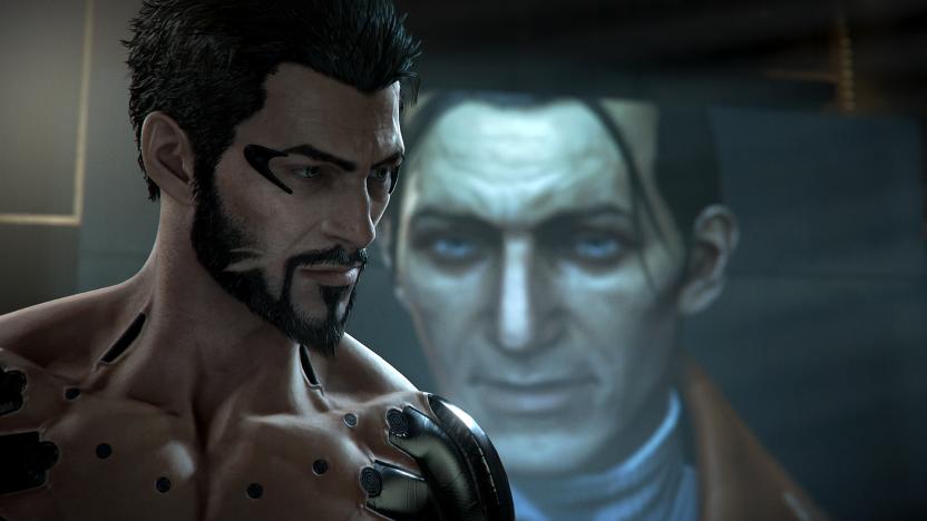 Artwork from the 2016 game Deus Ex: Mankind Divided. Protagonist JC Denton stands in front of a haunting face on a screen behind him.