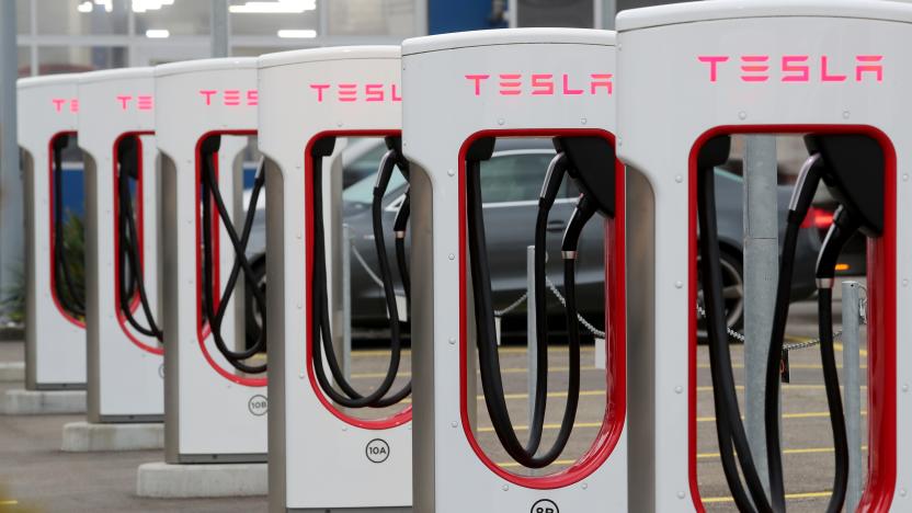 A Tesla Supercharger station is seen in Dietikon, Switzerland October 21, 2020. REUTERS/Arnd Wiegmann