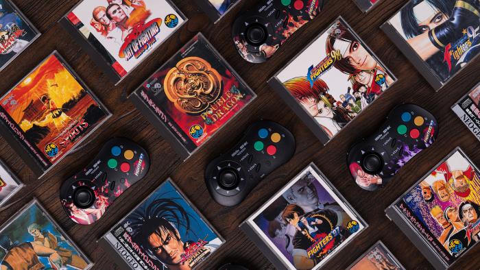 8BitDo' Neo Geo CD wireless controllers in 4 limited edition colors and black.