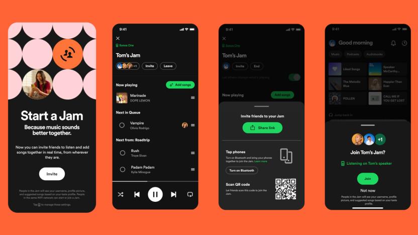 Screenshots showing Spotify's new feature Jam against an orange background.