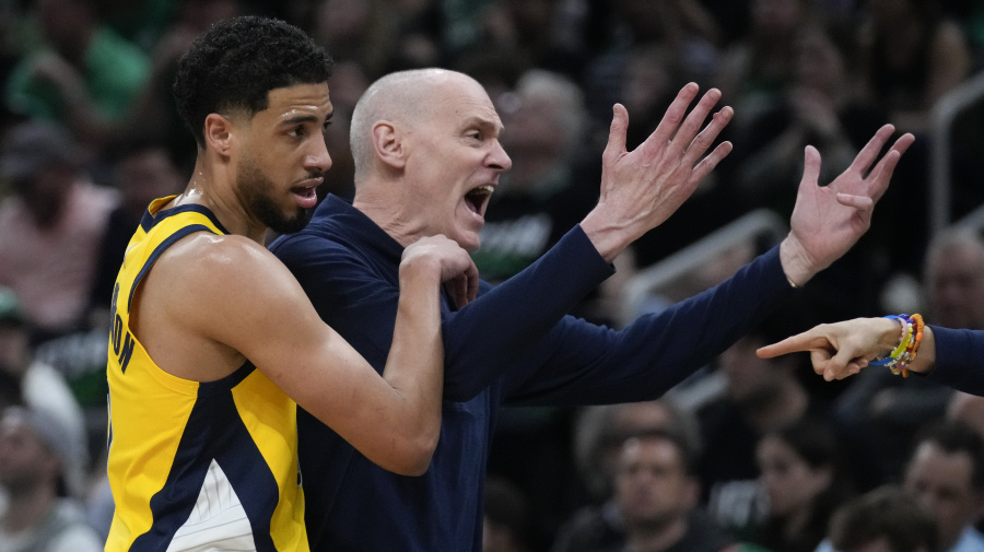 Associated Press - Indiana Pacers head coach Rick Carlisle reacts to his bench as guard Tyrese Haliburton (0) follows behind during the first quarter of Game 1 of the NBA Eastern Conference basketball finals against the Boston Celtics, Tuesday, May 21, 2024, in Boston. (AP Photo/Charles Krupa)