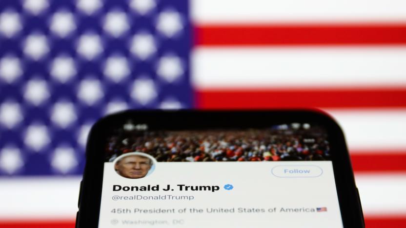 Twitter feed of the President of the USA Donald Trump is seen displayed on a phone screen with American flag in the background in this illustration photo taken on October 18, 2020. 
 (Photo Illustration by Jakub Porzycki/NurPhoto via Getty Images)