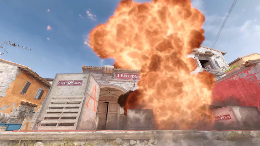 Screenshot from the game Counter-Strike 2, featuring an exploding building.