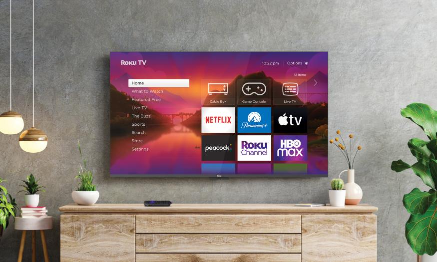 Roku TV mounted on a wall in a living room