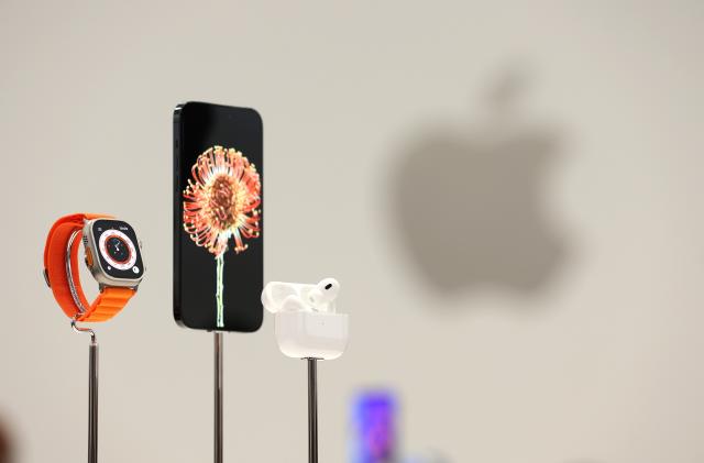 CUPERTINO, CALIFORNIA - SEPTEMBER 07: The new Apple Watch Ultra, iPhone 14 and AirPods Pro are displayed during an Apple special event on September 07, 2022 in Cupertino, California. Apple unveiled the new iPhone 14 as well as new versions of the Apple Watch, including the Apple Watch SE, a low-cost version of the popular timepiece that will start st $249. (Photo by Justin Sullivan/Getty Images)