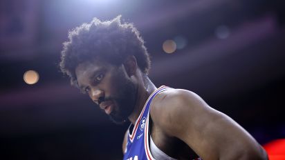 Getty Images - PHILADELPHIA, PENNSYLVANIA - APRIL 25: Joel Embiid #21 of the Philadelphia 76ers looks on during the fourth quarter against the New York Knicks during game three of the Eastern Conference First Round Playoffs at the Wells Fargo Center on April 25, 2024 in Philadelphia, Pennsylvania. NOTE TO USER: User expressly acknowledges and agrees that, by downloading and/or using this Photograph, user is consenting to the terms and conditions of the Getty Images License Agreement. (Photo by Tim Nwachukwu/Getty Images)