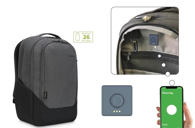 Targus Cypress Hero Backpack with a built-in location tracker. A graphic shows a smartphone being used to detect the item's location.