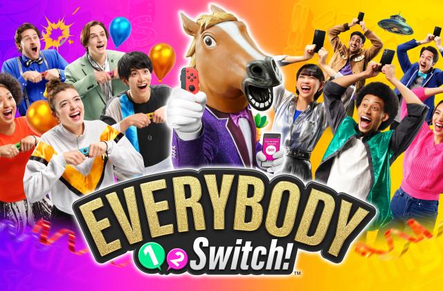 A promo photo for Nintendo's Everybody 1-2 Switch game. It shows a person with a horse mask on at the center, surrounded by people with their hands curled around Joy-Cons in front of them at the left side. At their right side, a bunch of people are posing with their hands above their heads while holding their phone. 