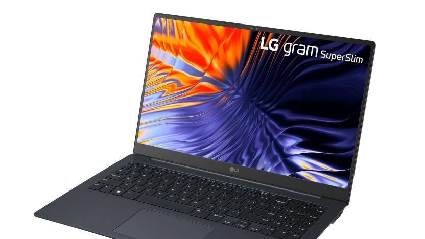 A press image of the LG Gram SuperSlim laptop in black, sitting open against a white background.