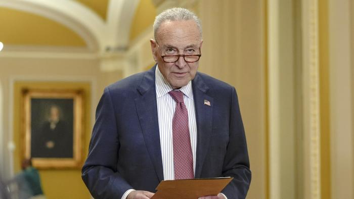 Sen. Majority Leader Chuck Schumer, D-N.Y., listens during a news conference after a policy luncheon on Capitol Hill Wednesday, May 1, 2024, in Washington. (AP Photo/Mariam Zuhaib)