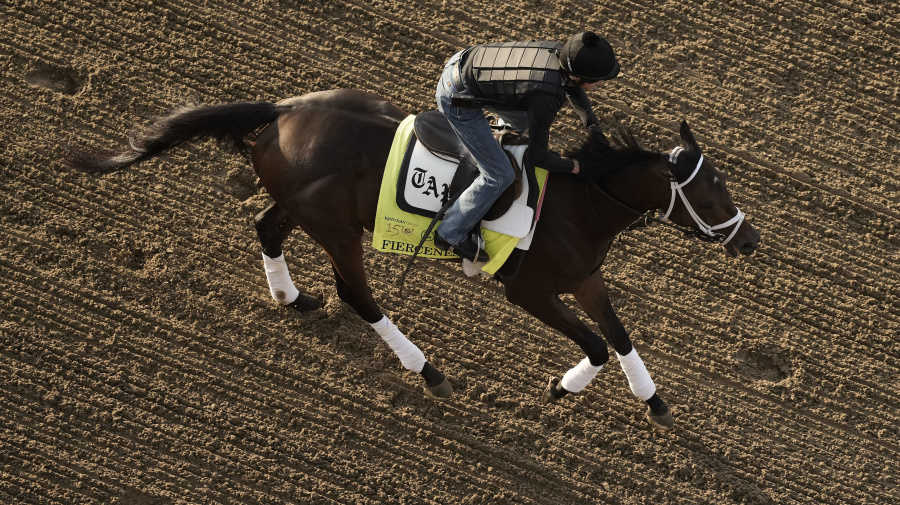 Associated Press - Kentucky Derby entrant Fierceness works out at Churchill Downs Thursday, May 2, 2024, in Louisville, Ky. The 150th running of the Kentucky Derby is scheduled for Saturday, May 4. (AP Photo/Charlie Riedel)