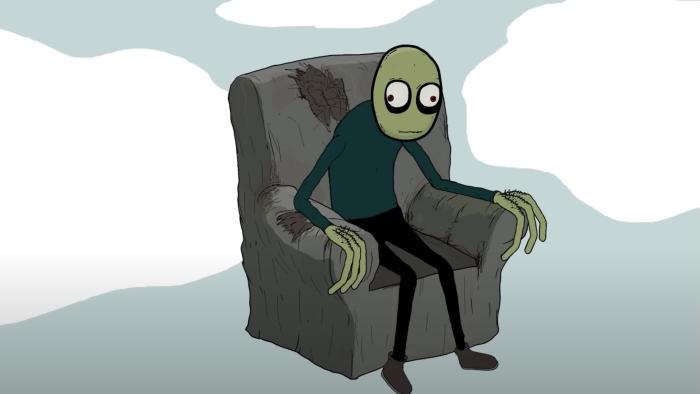 Salad Fingers sits in a worn out armchair