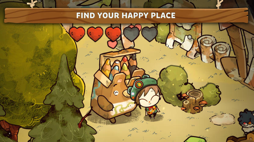 Game art for the upcoming mobile game Cozy Grove: Camp Spirit. Cute art style. A person leans warmly against a bear shaped like a box of colored pencils in an enchanted island forest. The text "Find your happy place" sits above.