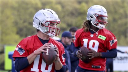Associated Press - New England Patriots first-round draft pick quarterback Drake Maye, left, and sixth round draft pick quarterback Joe Milton, III, right, run passing drills during the NFL football team's rookie minicamp Saturday, May 11, 2024, in Foxborough, Mass. (AP Photo/Mark Stockwell)