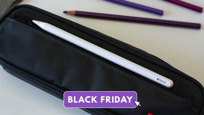 An Apple Pencil sits on top of a pencil case. A text overlay reads "Black Friday."