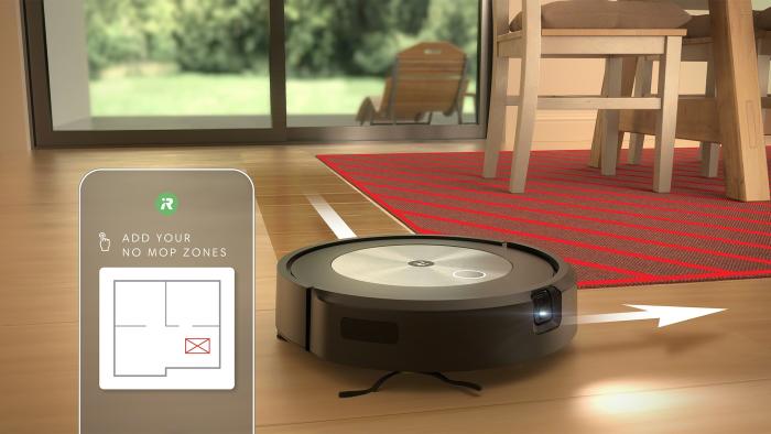 iRobot Roomba j5+ Combo robot vacuum and mop, along with a smartphone screenshot prompting a user to "add your no mop zones" to stop the machine from moppin a certain area.
