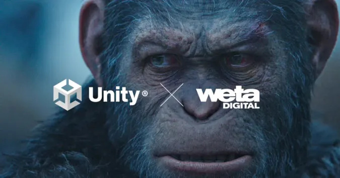 A CGI ape overlaid with the Unity and Weta Digital logos.