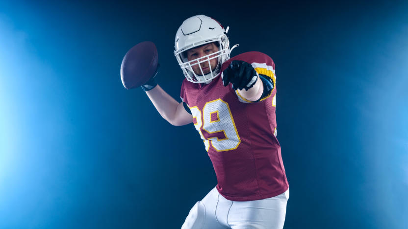 American football player in action. Template for a sports magazine on the theme of American football with copy space. Mockup for betting advertisement.